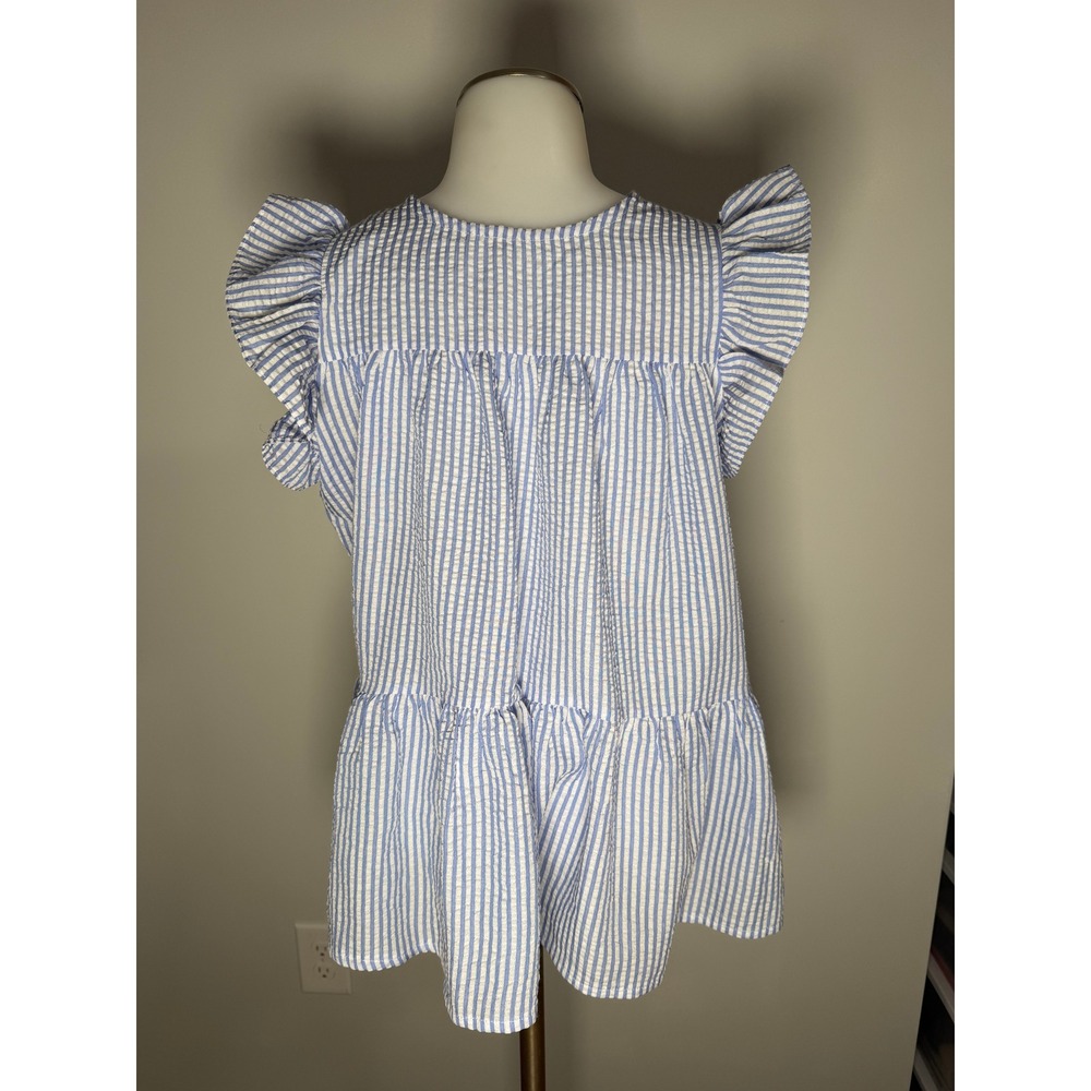 Blue White Striped Seersucker Ruffle Sleeve Tiered Babydoll Blouse Top Womens M